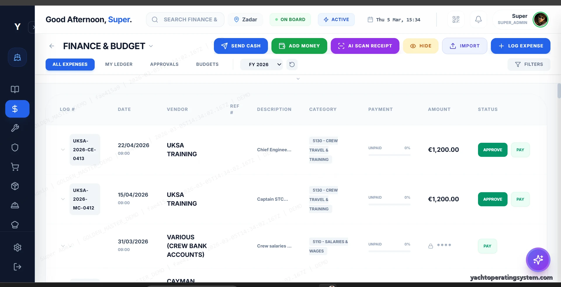 YOS yacht finance module showing expense ledger with approval workflow, payment status, and budget categories